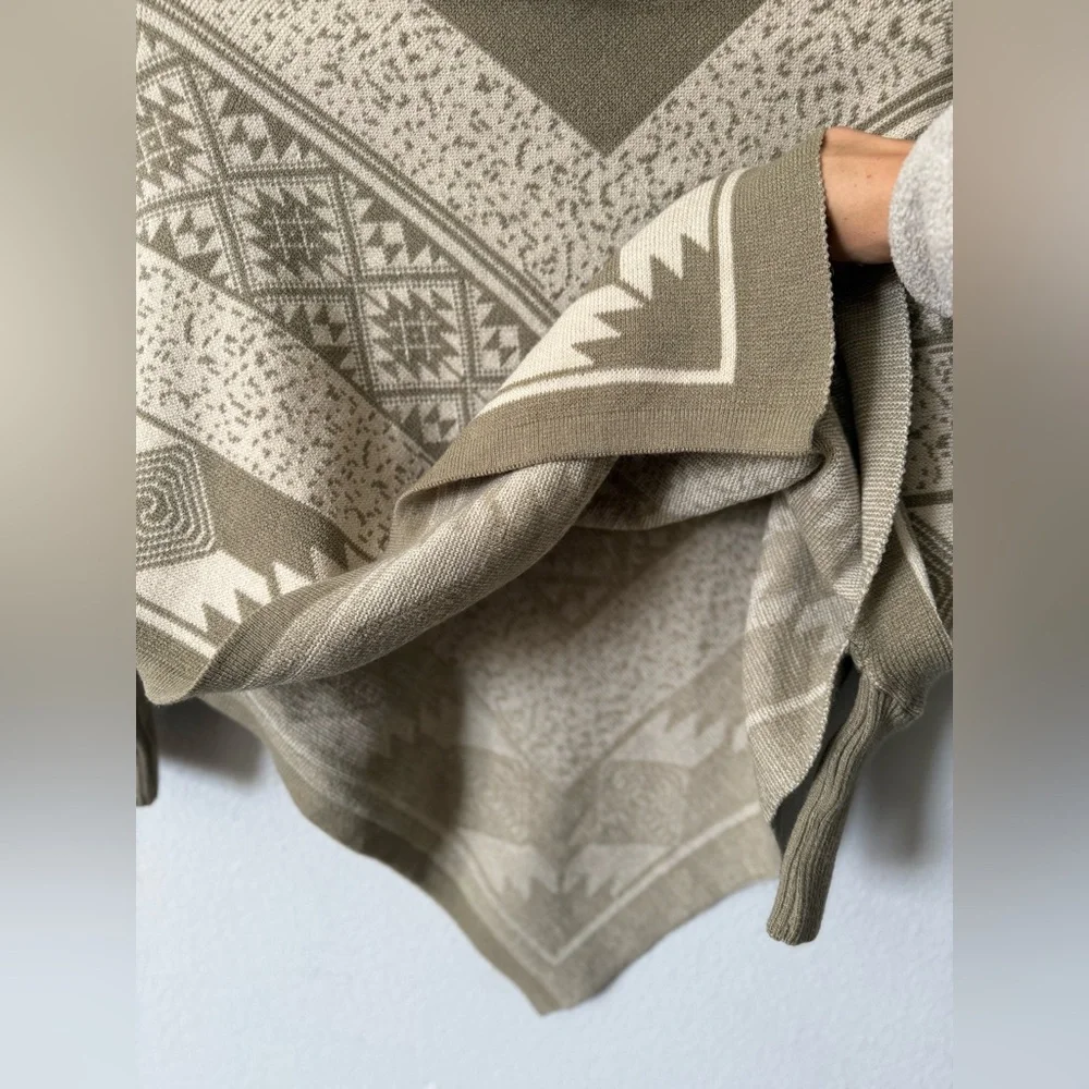 Boho Geometric Knit Poncho Sweater | Button Cowl Neck | Neutral Tan - Picture 4 of 11